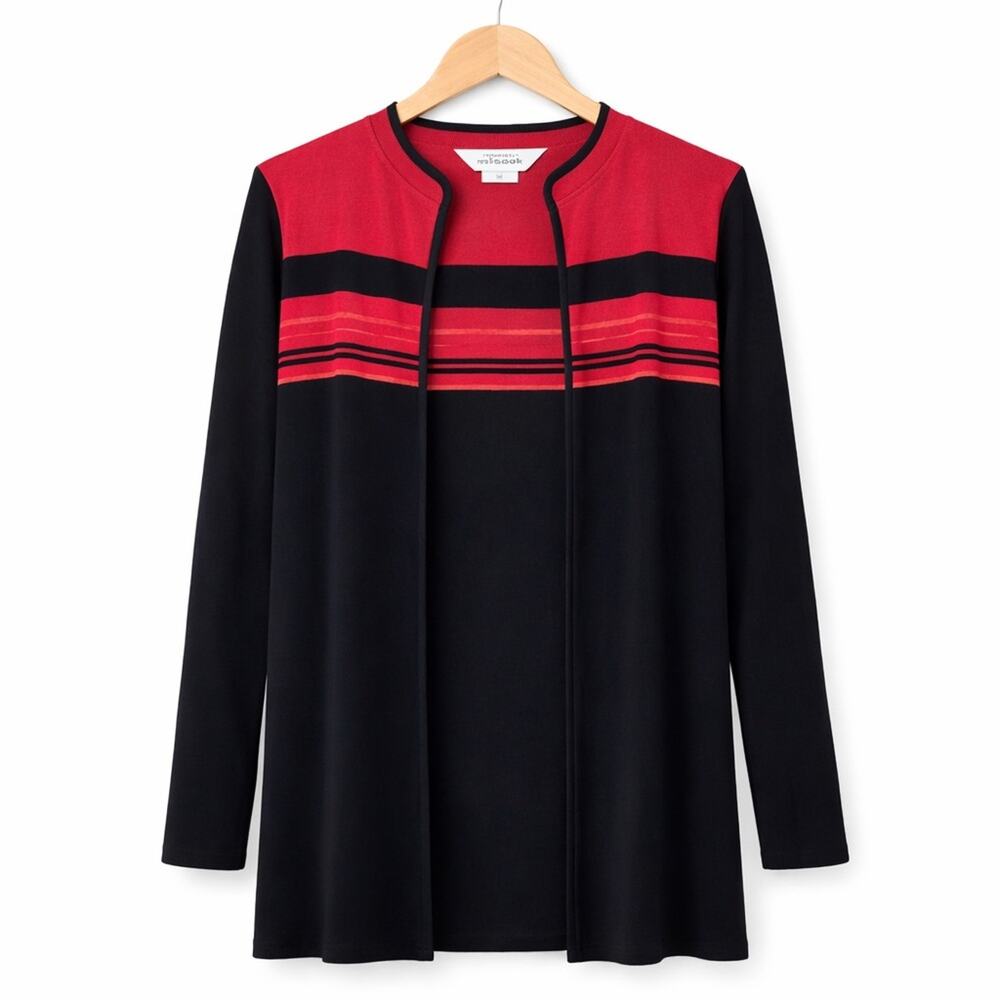 Exclusively Misook Raspberry Red Black Striped Open Cardigan Jacket Size M Korea - Picture 5 of 7